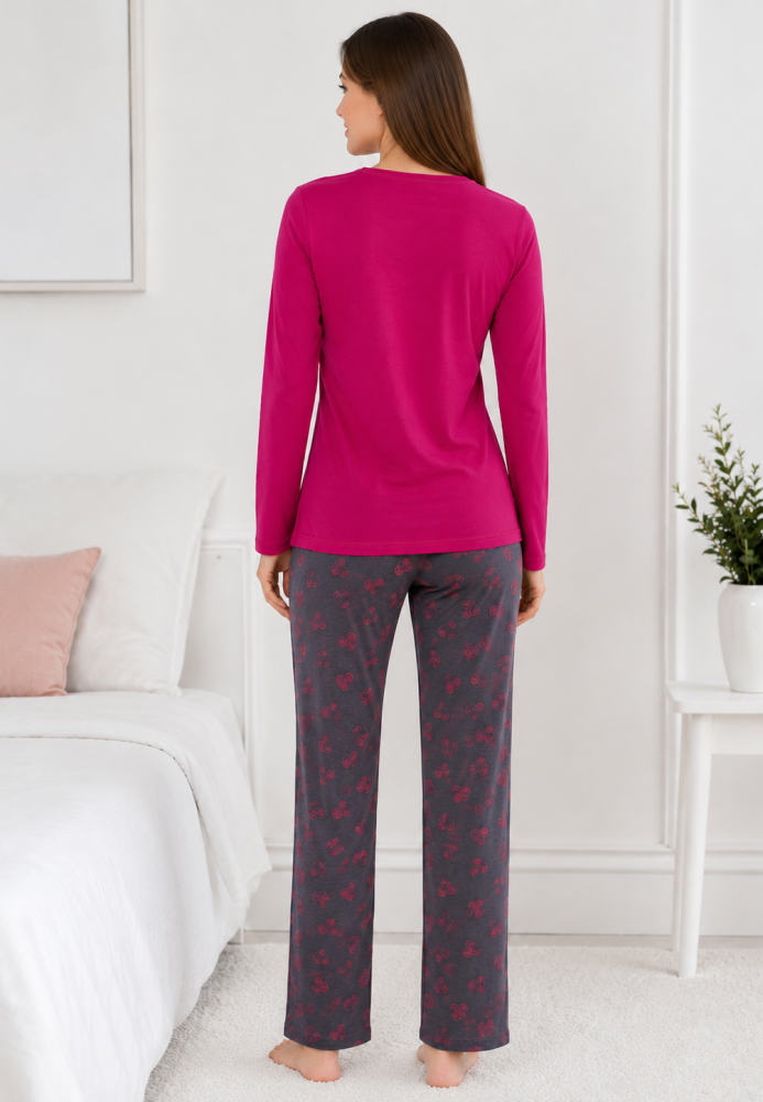 Pijama de damă cu bluză cu maneca lunga și pantaloni -Fucsia,Engros